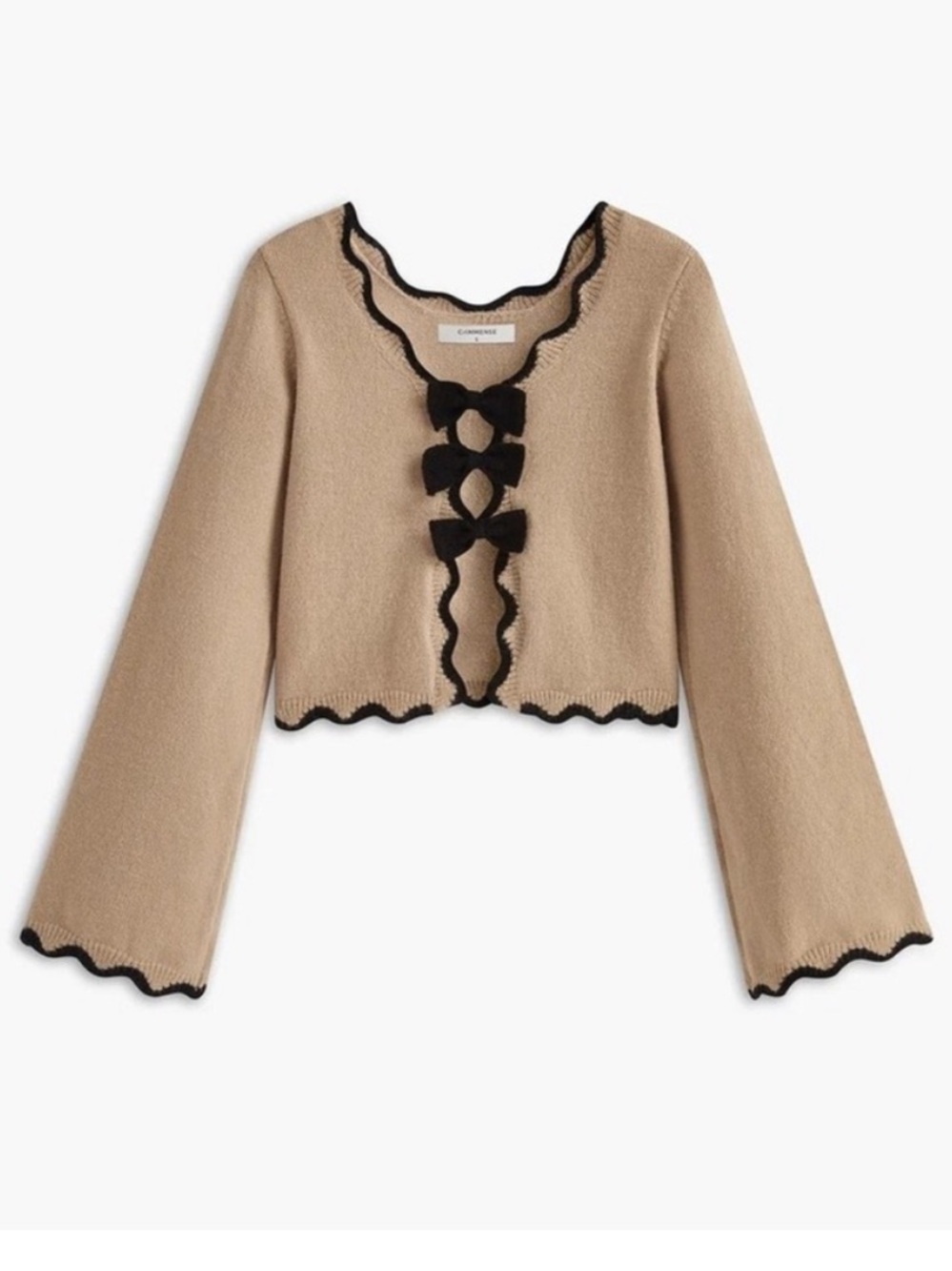 Commense Beige Cropped Cardigan with Black Bow Trim